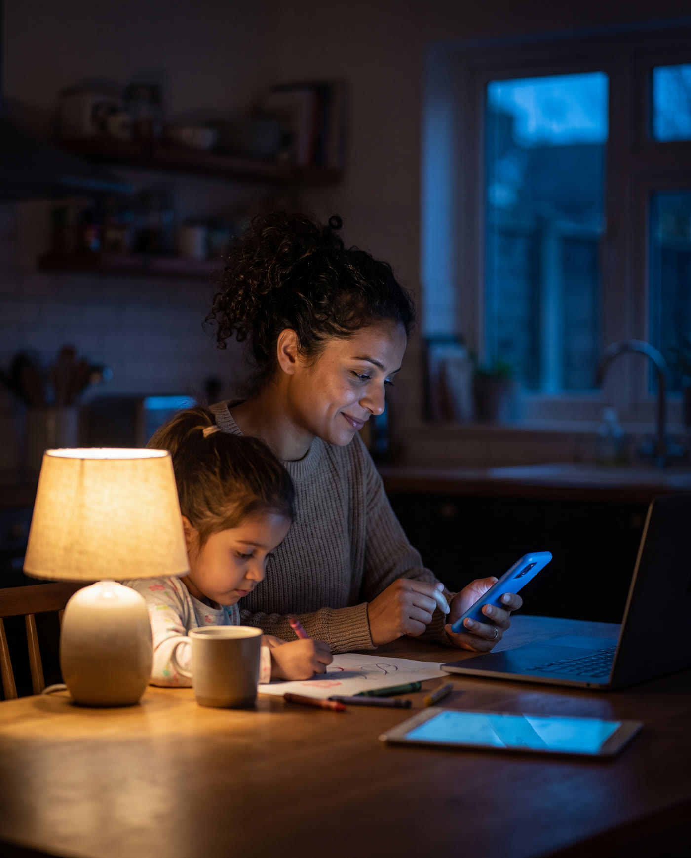 A mother at the kitchen table glancing at her phone while her daughter draws beside her