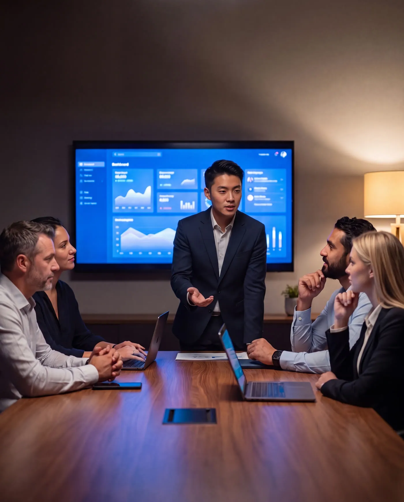 A young professional presenting confidently to a small multicultural team in front of a blue screen